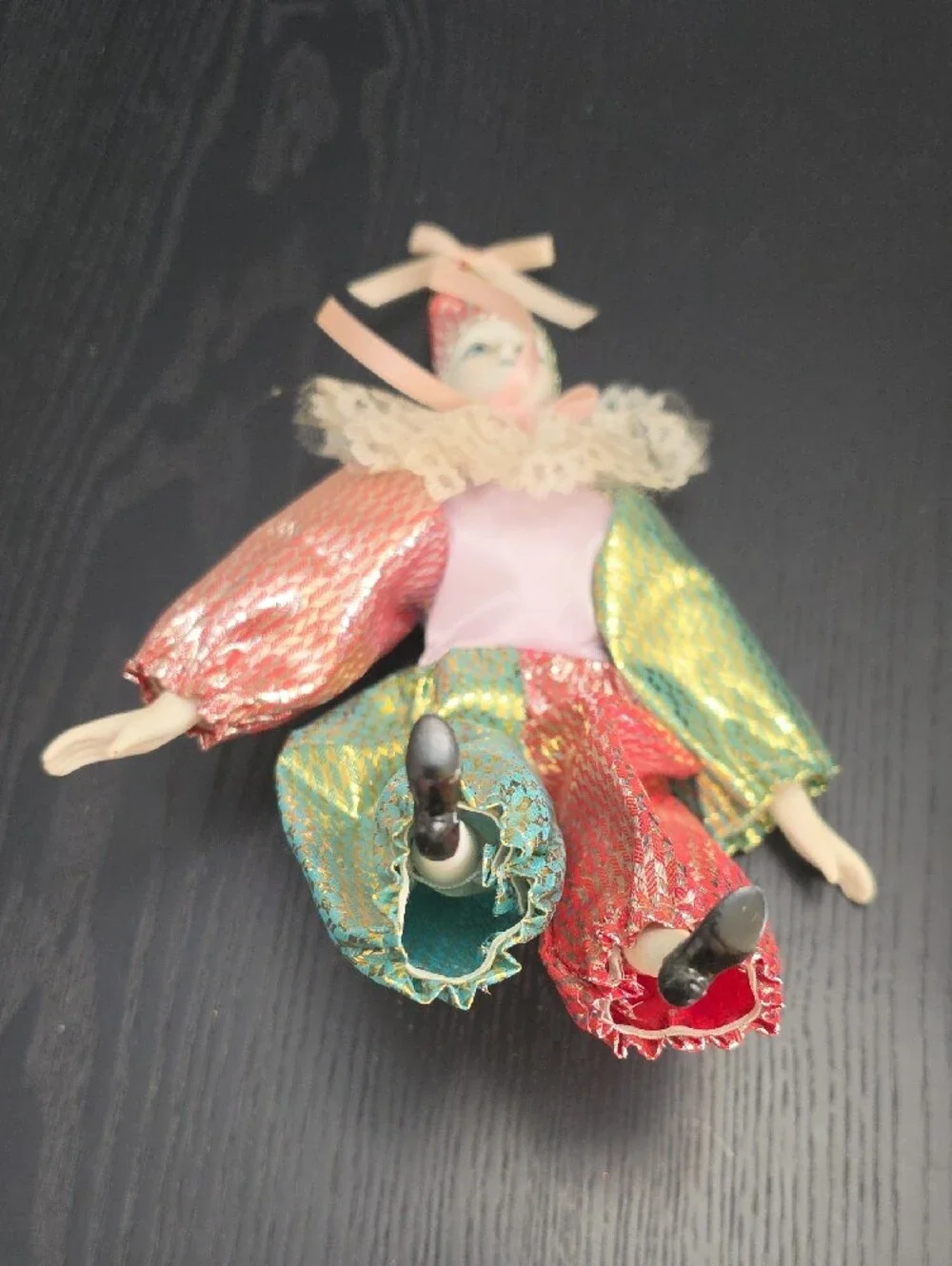 Porcelain Clown Doll in Pink, Green and Gold Harlequin Costume